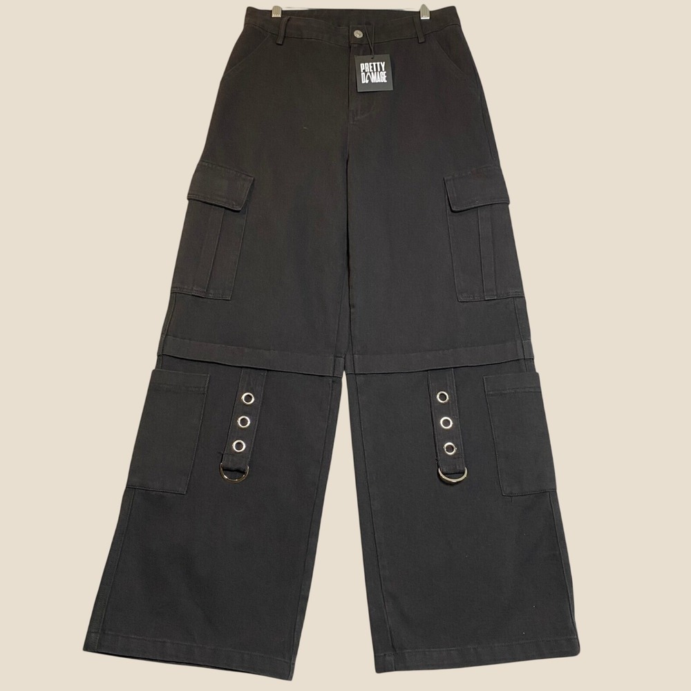 Pretty‎ Damage Cargo Pants Women's Medium Black Wide Leg Grommet Goth Grunge NWT